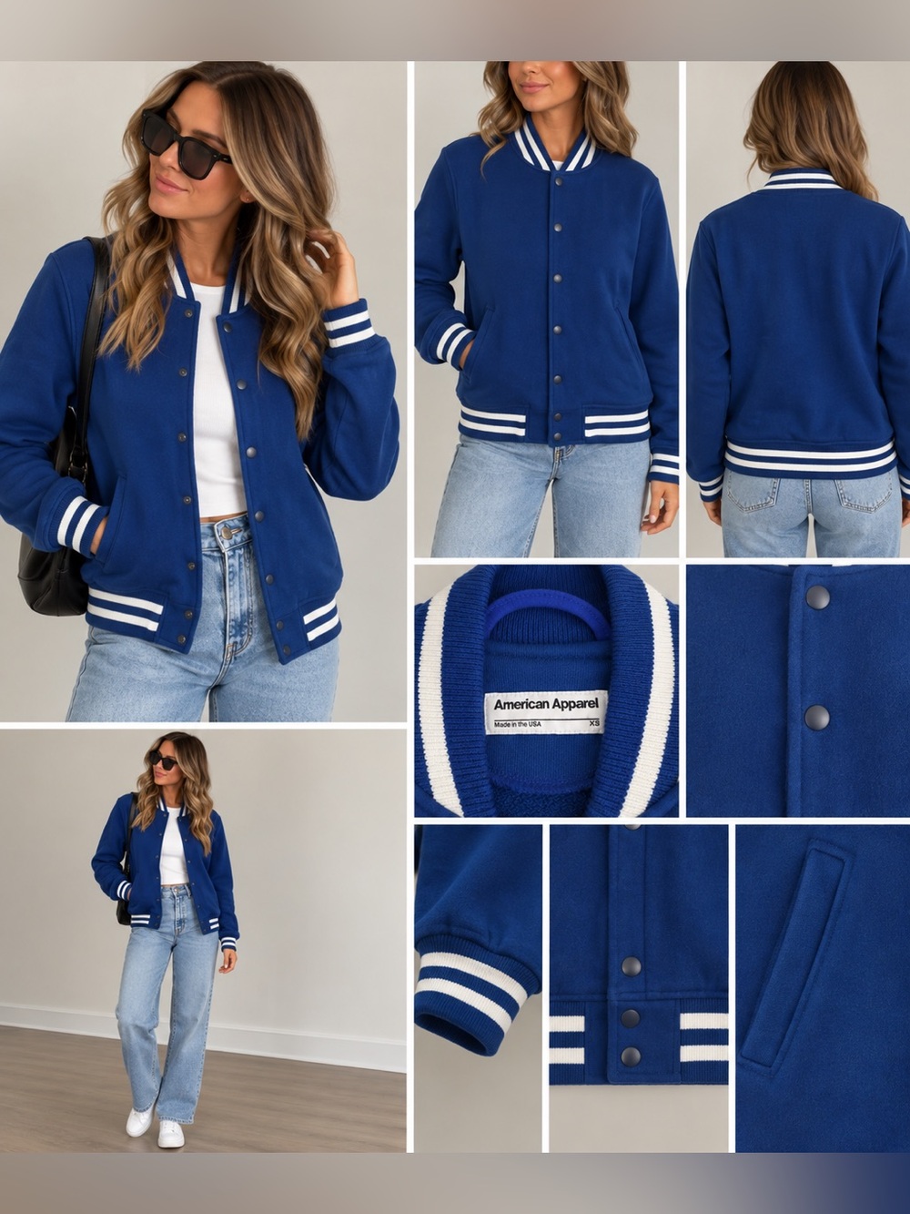 American Apparel Blue and White Bomber Jacket with Sporty Design